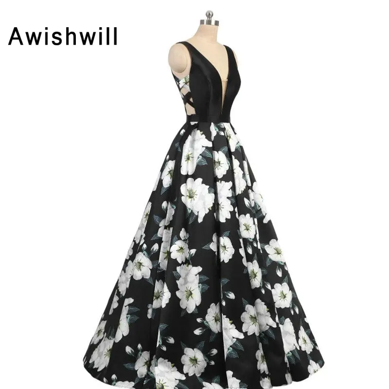 

2019 New 3D Floral Flower Pattern Print Prom Dresses Robe de Soiree Sexy Deep V-neck Back Back A-line Formal Evening Party Gowns