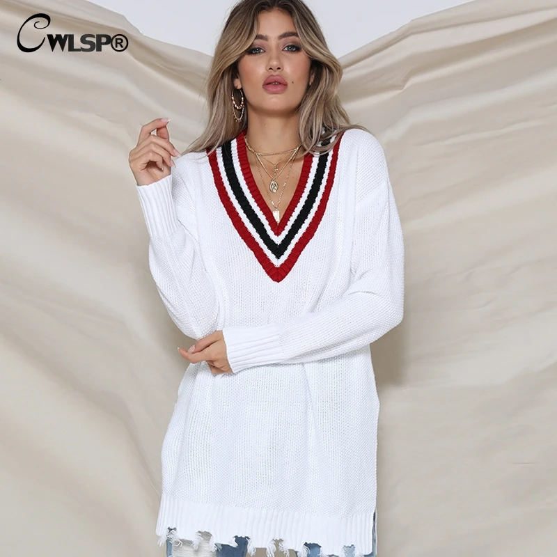 

CWLSP Autumn Patchwork V neck Women Sweater Long Pullover with Hole knitted Side Split Tops Female Clothes jumper QL4240