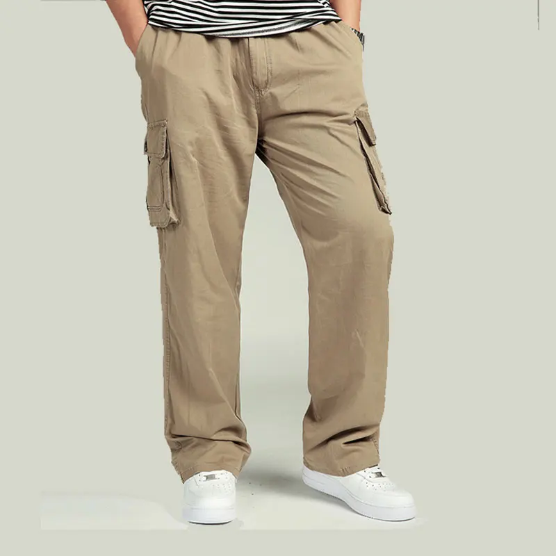 Летние тонкие мужские брюки-карго, повседневные мужские брюки с эластичным поясом и карманами, хлопковые брюки, мужские Длинные Мешковатые брюки большого размера 6XL - Цвет: Khaki