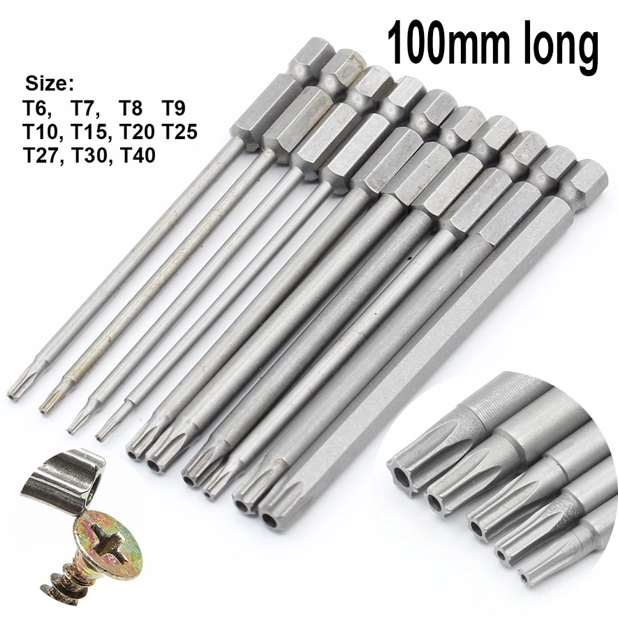 

1Pc 100mm long T6-T40 Magnetic Torx Screwdriver Bits Set Electric Screwdriver head T6,T7,T8, T10, T15, T20, T25, T27, T30, T40