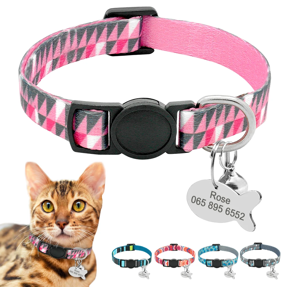 

Cat Collar Personalized Breakaway Quick Release Nylon Puppy Kitten Collar with Bell Rabbit Collars Accessories Laser Engraved