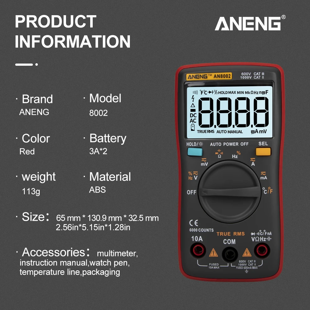 ANENG AN8002 Цифровой мультиметр 6000 отсчетов подсветка AC/DC Амперметр Вольтметр Ом крокодил Перемычка провода тестовый провод