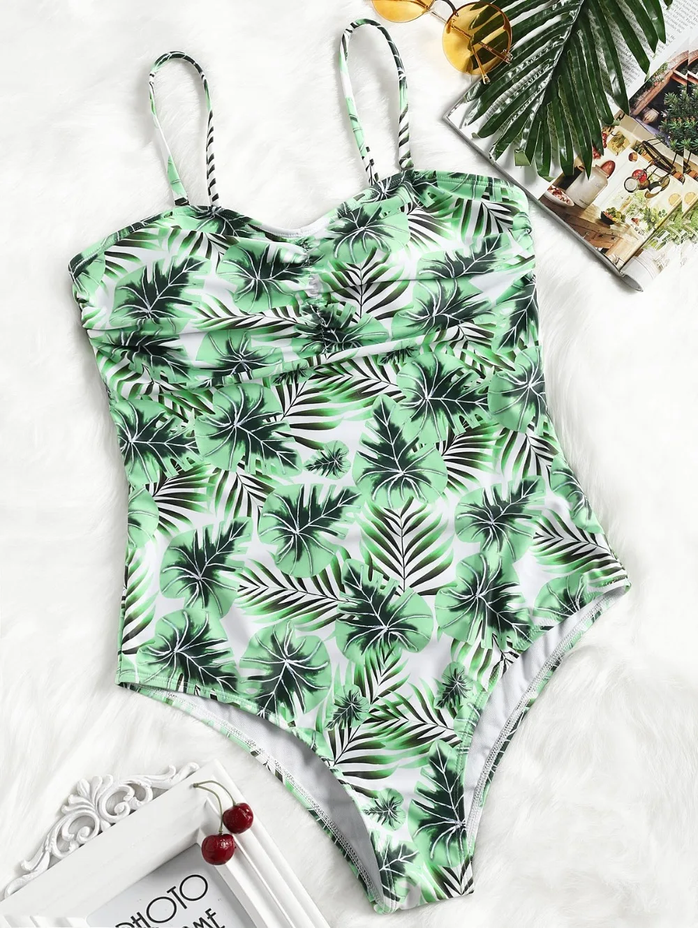 Sexy One Piece Swimsuit Women Leaf Print Cami Swimwear Bodysuit Plus