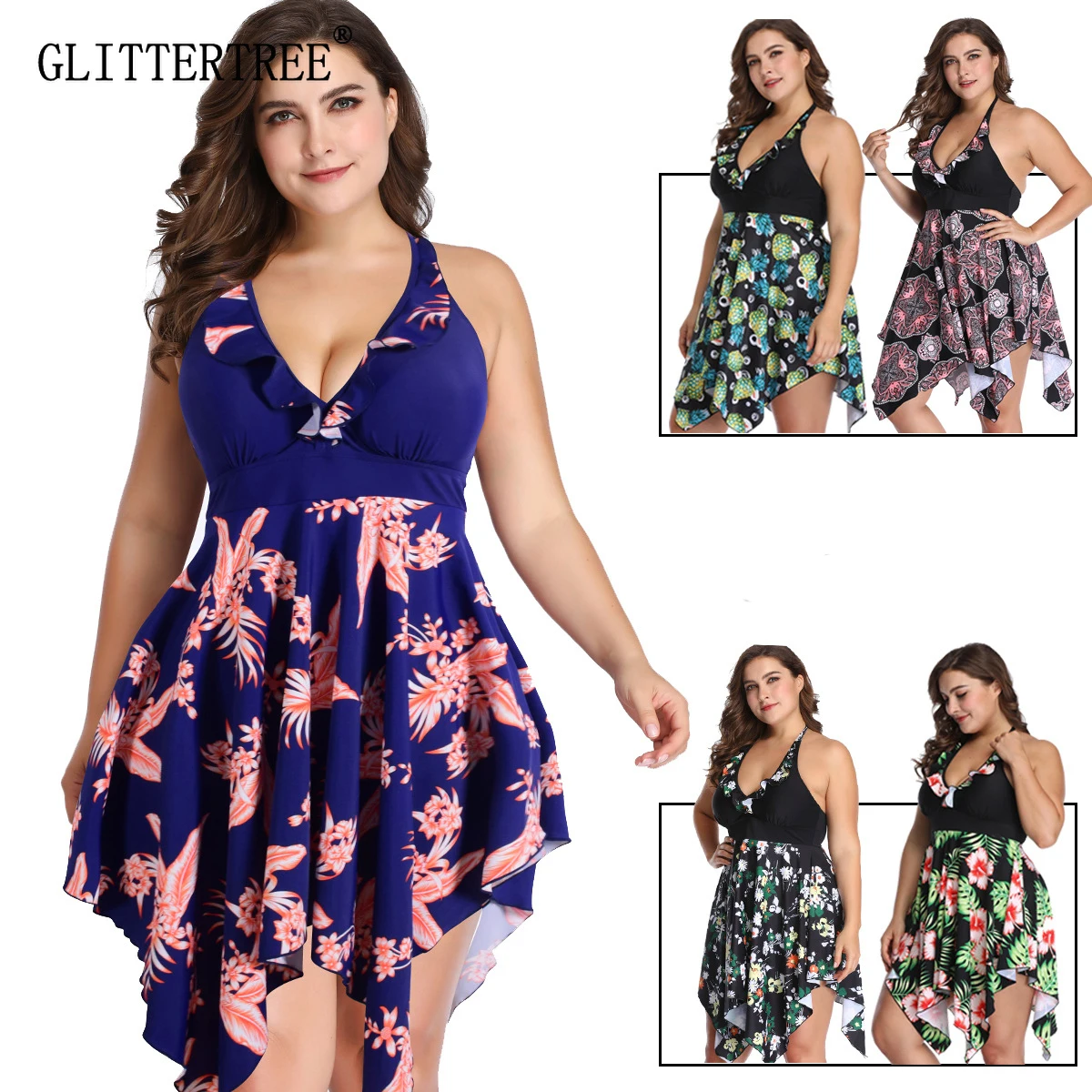 

Summer Deep V Floral Women Swim Dress Big Size XL-6XL Female Beachwear Large Swimwear Sexy Plus Size 4XL 5XL Swimming Suits Bath