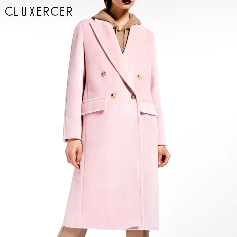 

High Street Style Women Winter X-Long Overcoat Outwear Coat Elegant Pink Loose Double Breasted Woolen Coat Femme