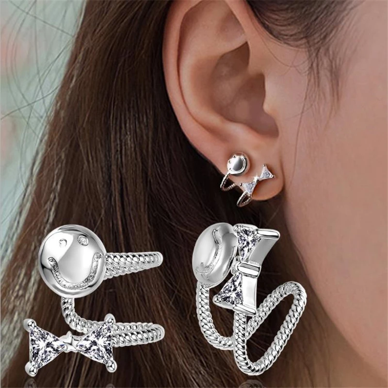 ONEVAN Creative CZ Bow Knot Earrings For Women S925 Silver Cute Smiley