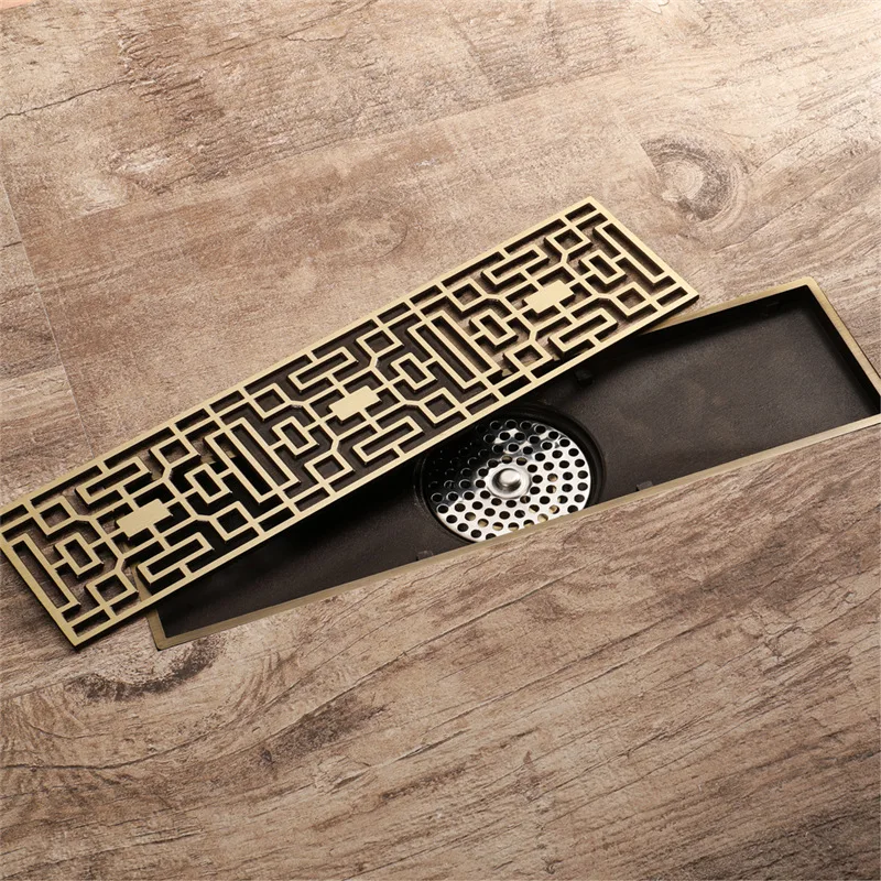 30cm Antique Brass Bathroom Linear Shower Floor Drain Wire Strainer Art Carved Cover Waste Drainer Classic Design Square Drains 30cm Antique Brass Bathroom Linear Shower Floor Drain Wire Strainer Art Carved Cover Waste Drainer Classic Design Square Drains