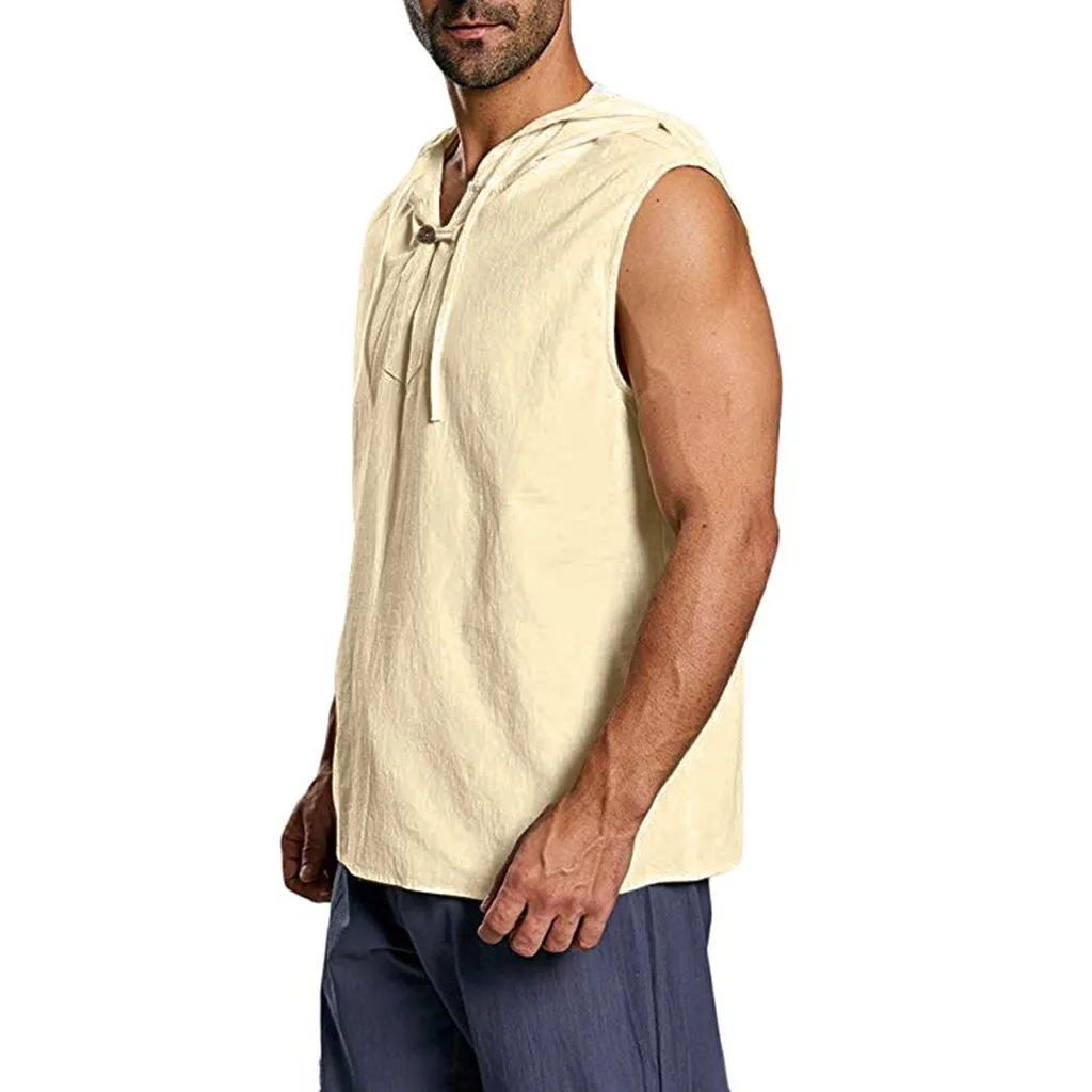 Men's Baggy Cotton Linen Solid Button Beach Sleeveless Hooded Shirt Tank Tops