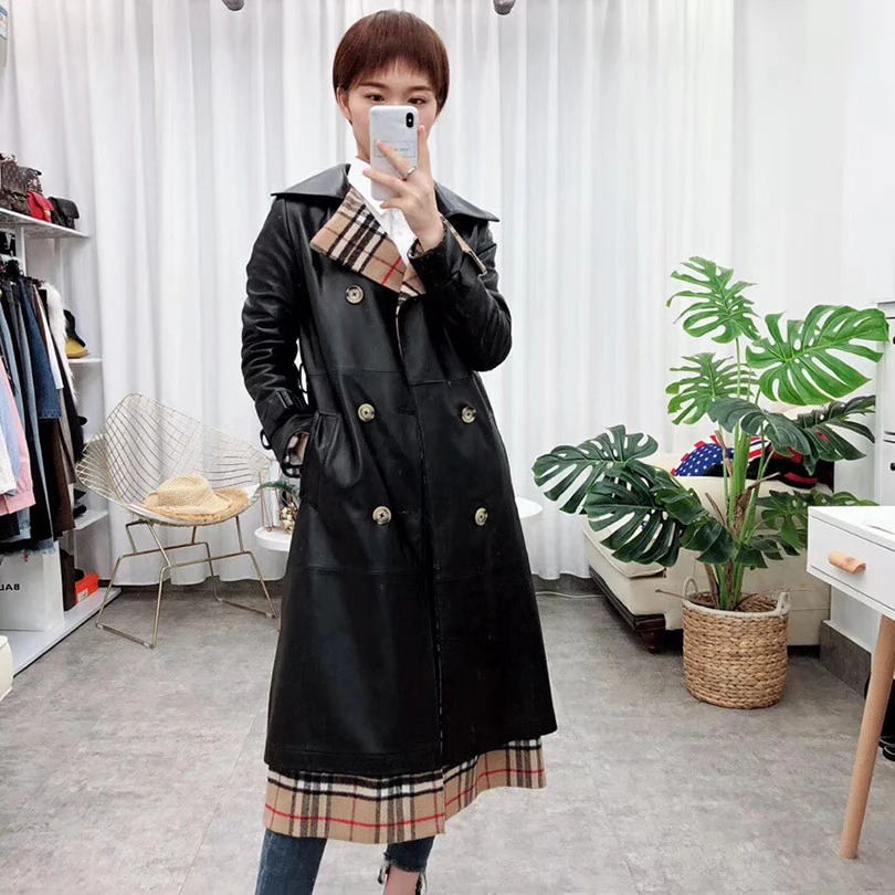 Feminina En Ceinturé 2018 De Black Jaqueta vent Femmes Mouton Veste Coupe Peau Long style Mode khaki X Mince Cuir Véritable q1ZzwP51