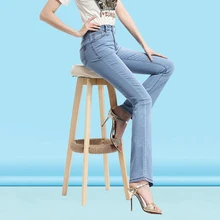 Летние тонкие джинсы с высокой талией женские синие прямые джинсовые брюки женские длинные расклешенные брюки вымытые тонкие эластичные повседневные