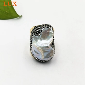 

Wholesale baroque pearl rings large baroque pearls ring pave rhinestone 24K gold-plating wide band rings freshwater pearl