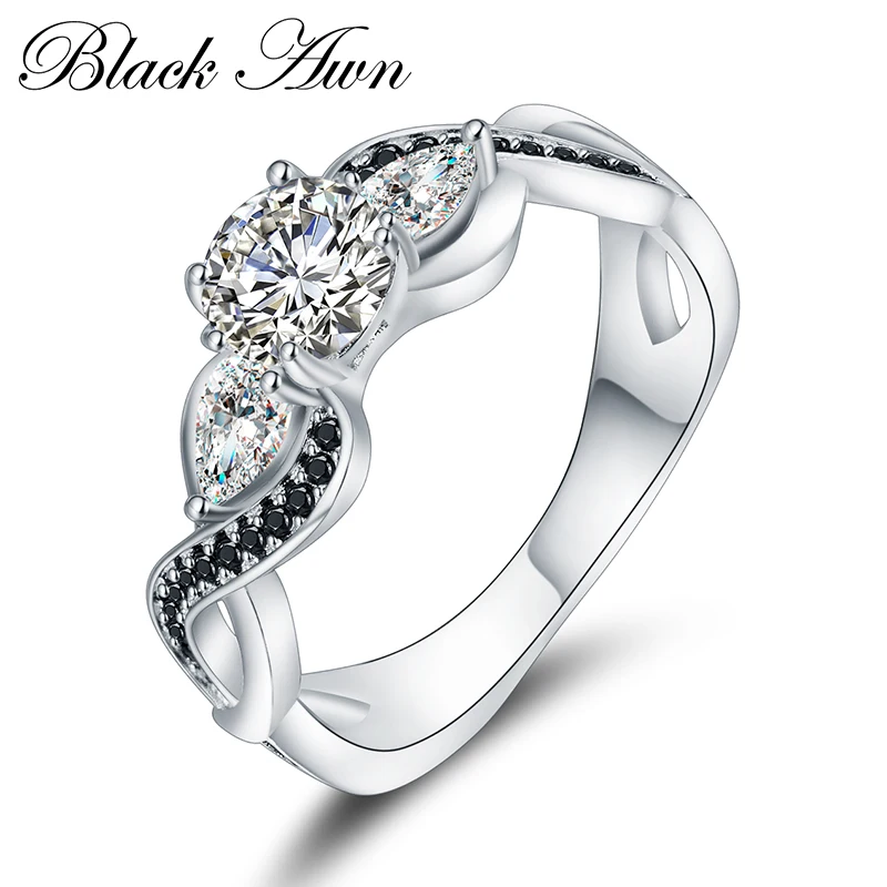 

[BLACK AWN] Genuine 4.3 Gram 925 Sterling Silver Jewelry Black&White Stone Rings for Women C308