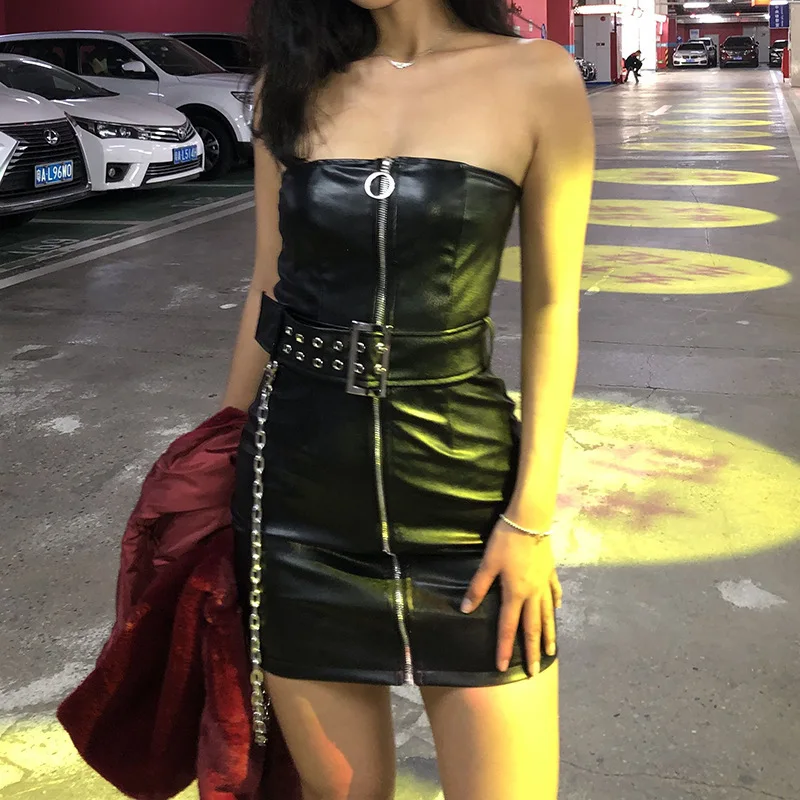 

JIEZuoFang Strapless Sashes PU Leather Sexy Dress Women Off Shoulder Zipper Mini Summer Dress Backless Black Club Party Dresses