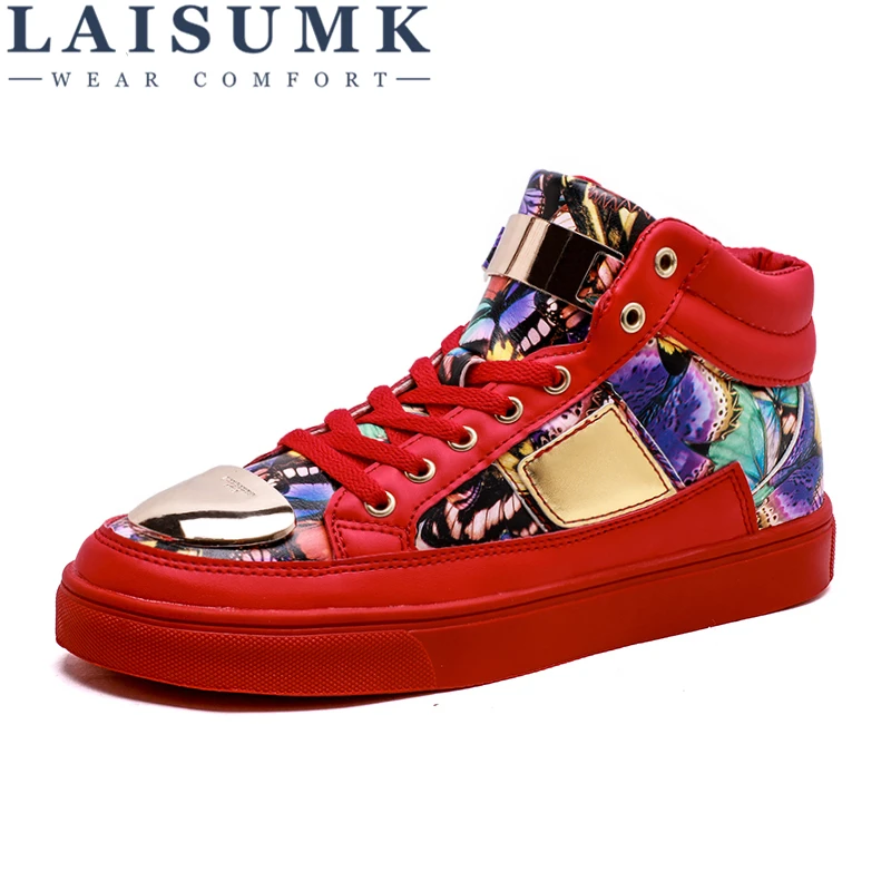

LAISUMK New Fashion 2019 Men Casual Lace Up Round Head Shoes PU Leather Mens High-Top Shoes Breathable Personality Outdoor Flats