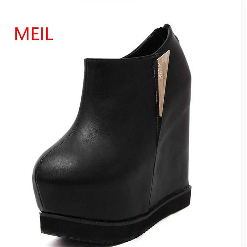 

14cm High Heels Boots Black Platform Ankle Boots Women Casual Round Toe Wedges Shoes Sexy Female Height Increasing Pumps