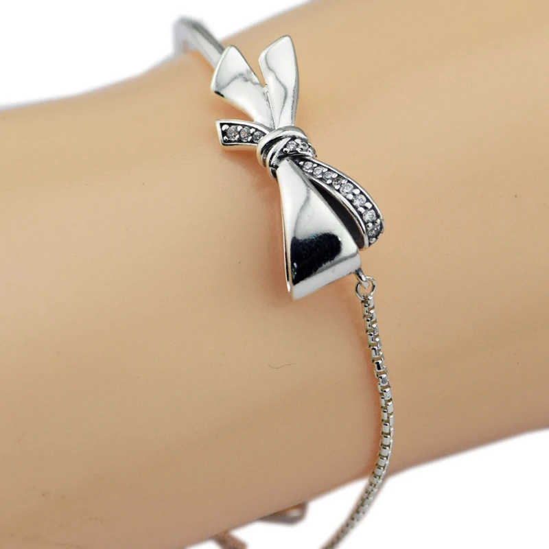 

Pandulaso Brilliant Bow Bracelet Clear CZ 2018 New Fashion Sterling Silver Jewelry Shining Crystal Silver Bracelets for Women