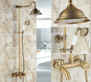 

Antique Brass Wall Mounted Bathroom Rain Shower Faucet Set with Ceramic Handheld Shower & Single Handle Bathtub Mixer Tap Wrs222