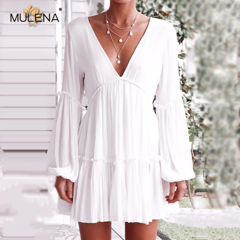 Sexy White Deep V Neck Backless Party Dress Women Solid Long Lantern Sleeves Office Lady Mini Dresses Spring Summer Casual | Женская