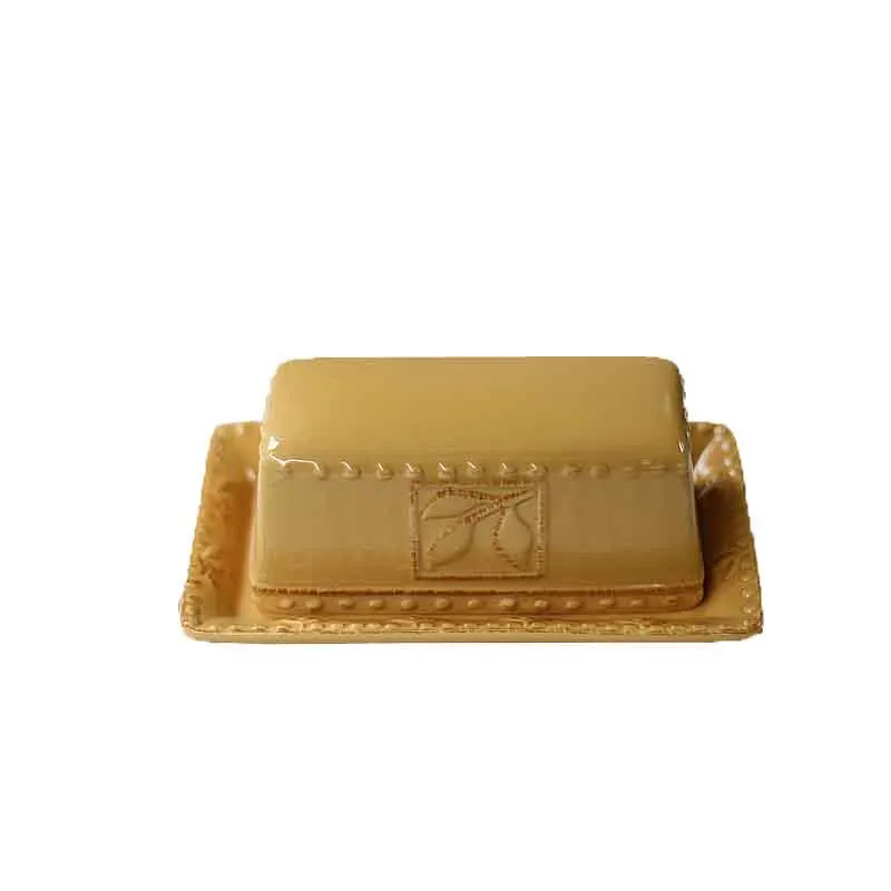 Embossed Heart Ceramic Butter Storage Dish Lid Covered Dining Table Serving Bowl