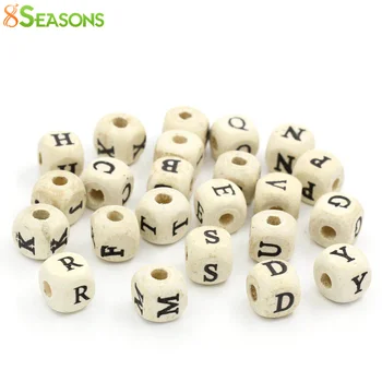 

8Seasons Natural Wood Spacer Beads Cube Alphabet/Letter Pattern At Random DIY Making Bracelets Jewelry About 10mm x 10m, 200 PCs