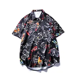 Летние повседневное черная рубашка мужская гавайская рубашка для женщин высокое качество пляж печатных короткий рукав Shirtship хоп японский