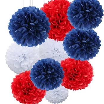 

10PCS 10inch Nautical Party Decor Tissue Paper Pom Poms Navy Blue Red White Patriotic Decorations 4th of July Party