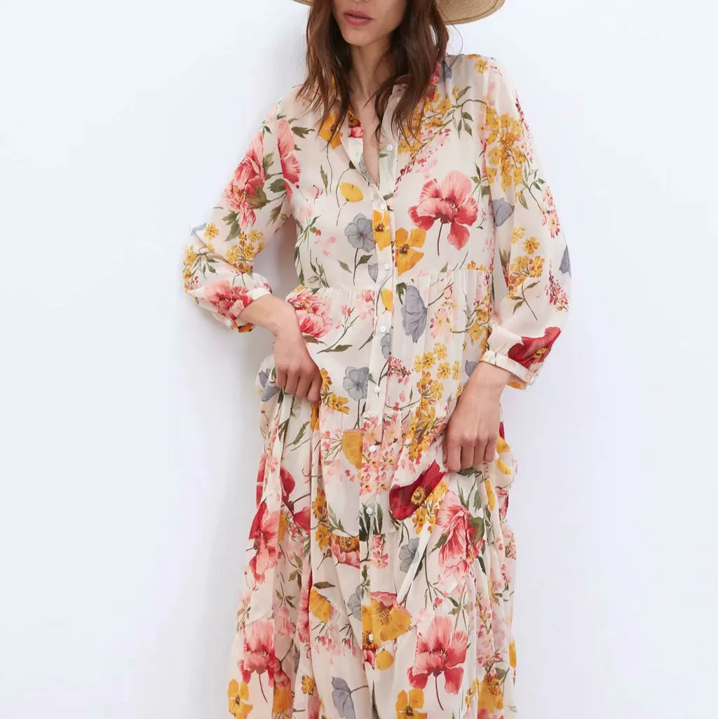 

2019 New Long Sleeve Dress Floral Print Beach Style A-Line Empire Chiffon Women Loose Midi Dress