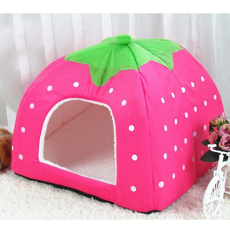 pawstrip 5 Size Cute Strawberry Dog Bed House Winter Cat Bed Leopard Pattern Foldable Dog House For Small Dogs perro