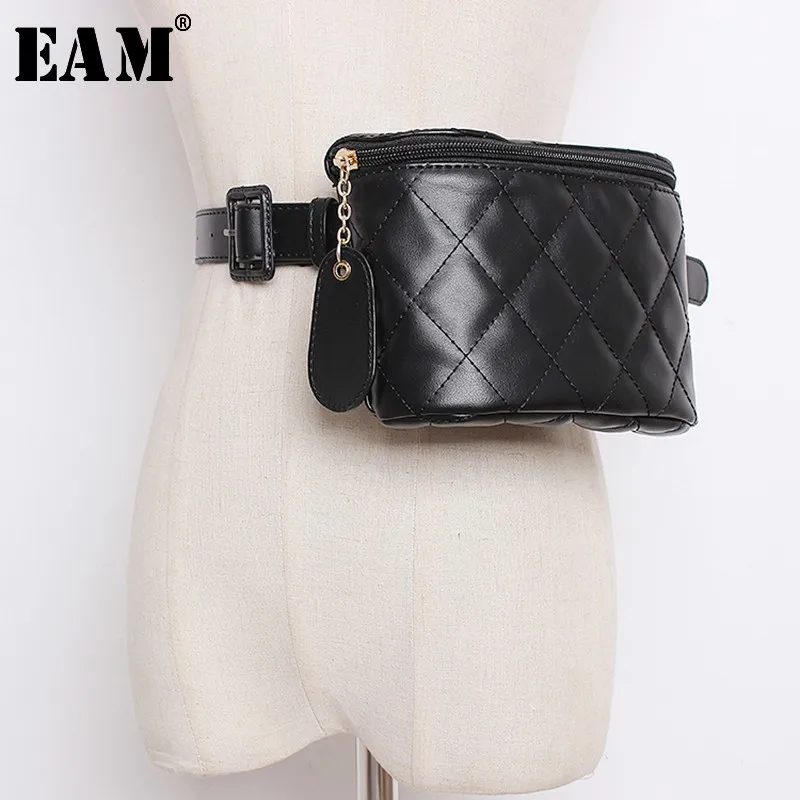 

[EAM] 2019 New Spring Summer Solid Color Black Pu Leather Rhombic Chain Split Joint Personality Belt Women Fashion Tide JK212