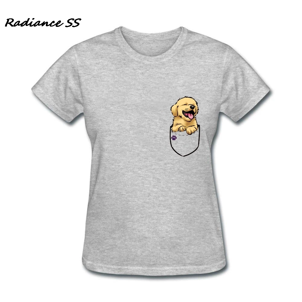 

Slim Fit Women Tee Shirts Pocket Puppy Printed Crew Neck t shirt Golden Retriever Cotton Kawaii Women Tops