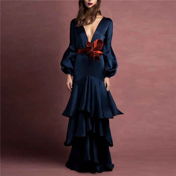 

Vintage blue spring Dresses Female Elegant Party long Dress flower belt Sexy Ruffles Chiffon Dress Women Vestidos