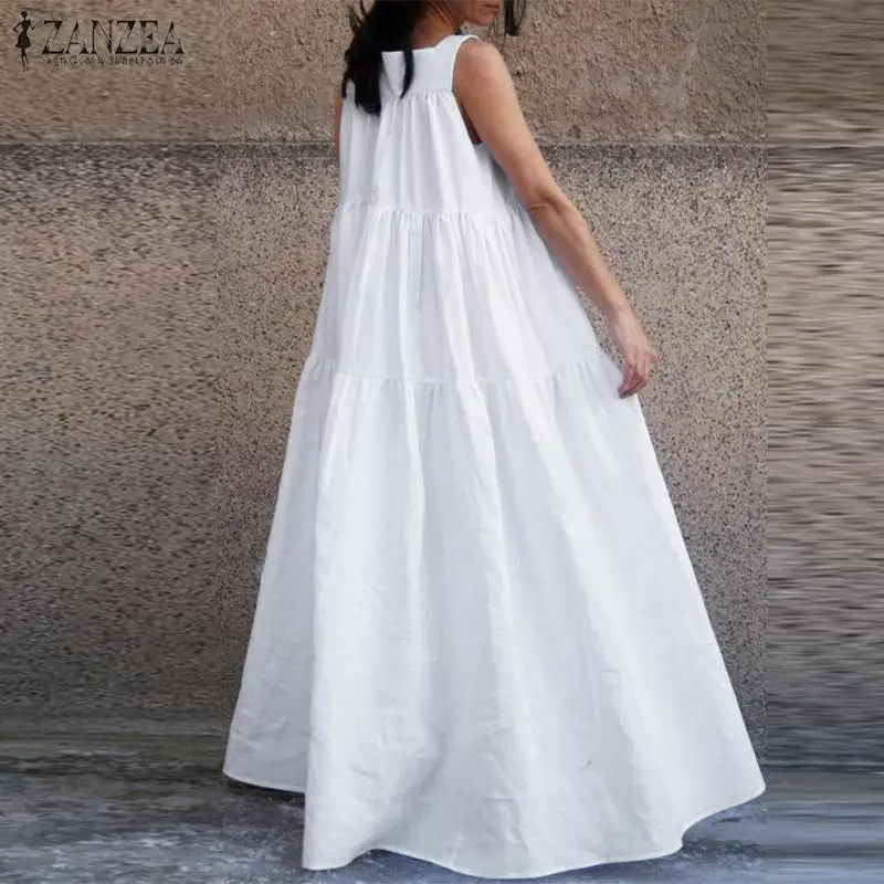 Модное женское летнее платье с оборками, ZANZEA, платье макси на бретелях с поясом, Женские Повседневные Вечерние платья большого размера