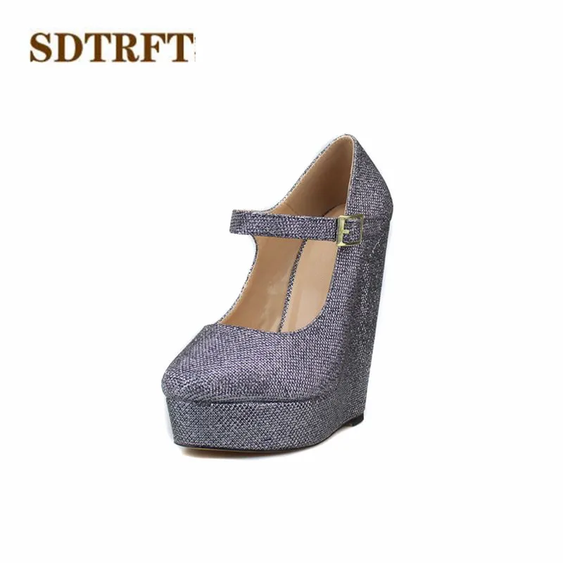 

SDTRFT Plus size US14 15 16 17 Summer Elegant Round Toe 15cm wedges female high-heeled Shoes woman paillette Buckle pumps Sapato