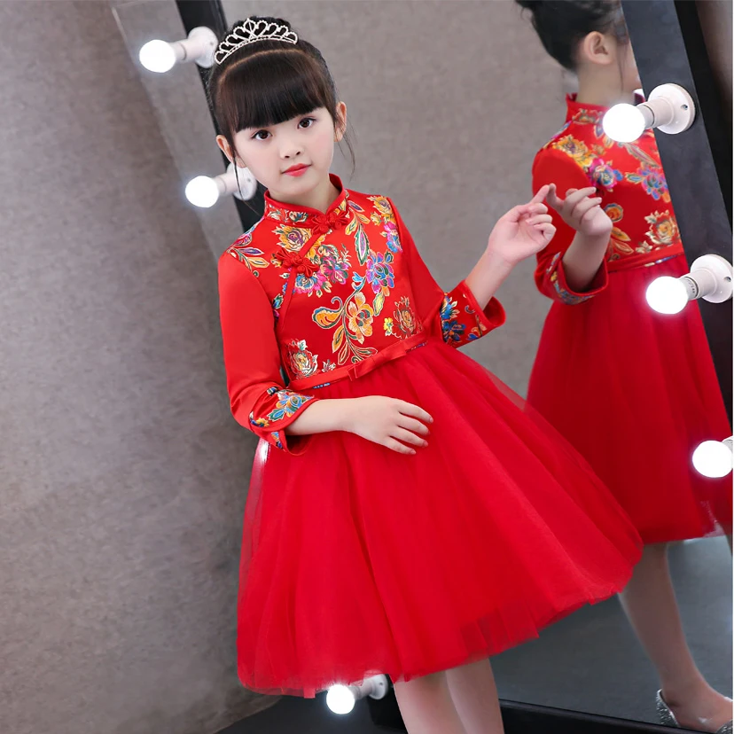 

2017 New Arrival Girls Children Chinese Traditional Red Qipao Princess Mesh Dress Kids Babies Embroidery Flowers Birthday Dress