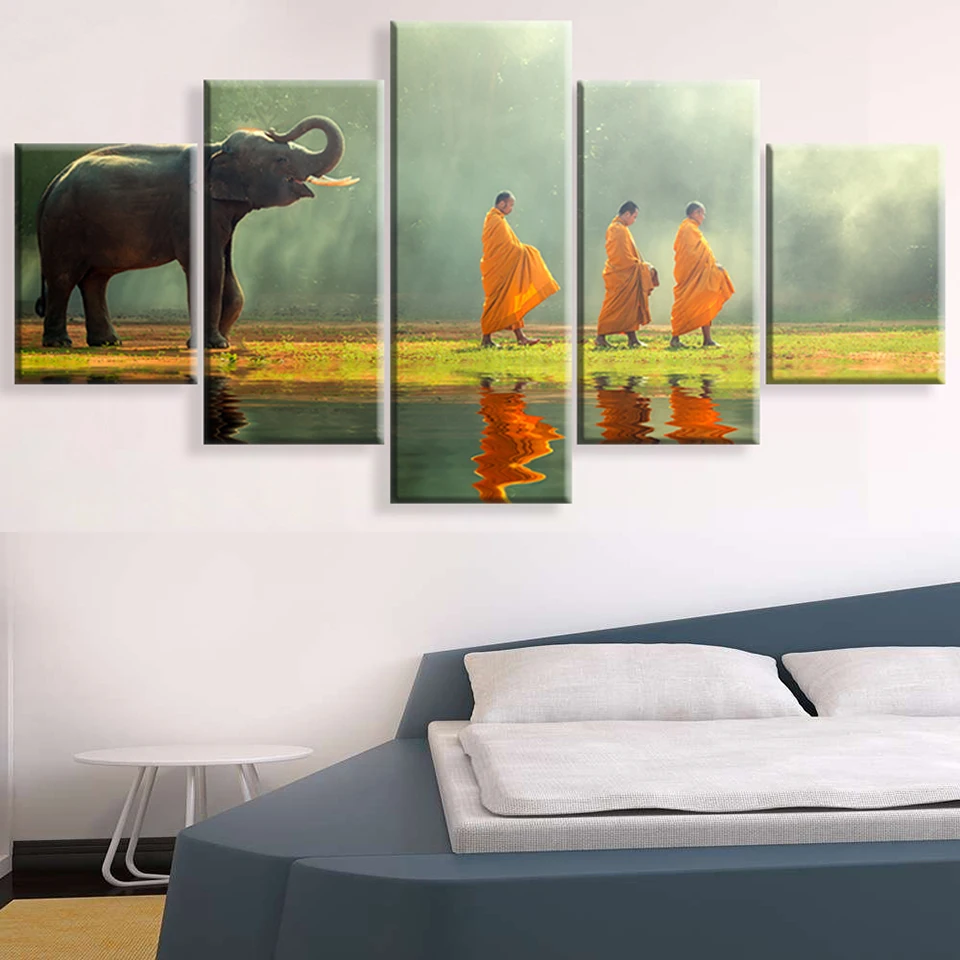 Modern Canvas Living Room Pictures Painting 5 Panel Elephants And Monks