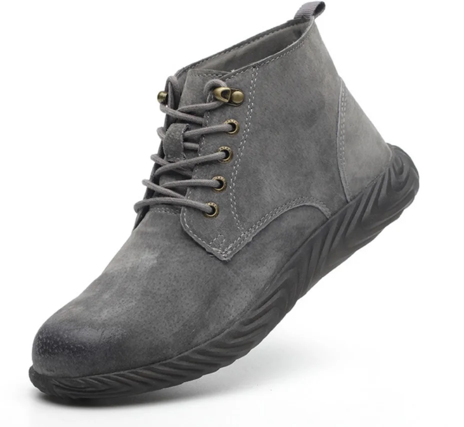 Plus Size 37-46 Men Work Safety Shoes Steel Toe Cow Leather Slip-on Safety Boots Men Breathable Puncture-proof Outdoor Shoes