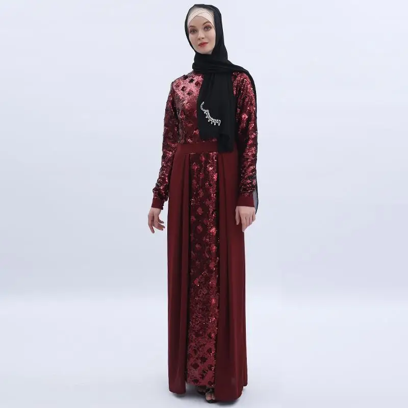 Abaya, Женское Платье макси с длинным рукавом, мусульманское, Дубай, кафтан, вечерние, арабское, средне-восточное платье, мусульманская одежда, Рамадан, мода - Цвет: Wine Red