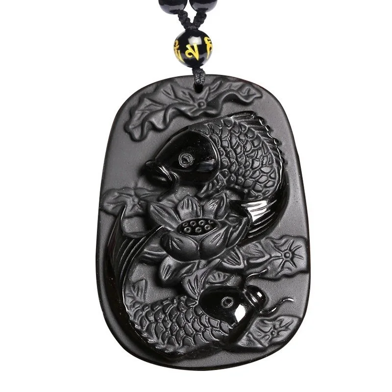 

ZLBY carving Obsidian two fish and lotus black Obsidian pendant men's jewelry