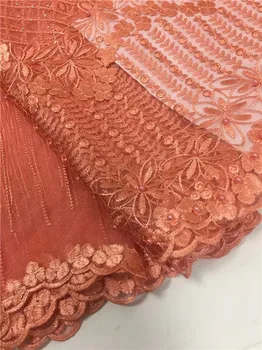 

Stone beads French net lace,African swiss tulle mesh Guipure lace fabric high quality for dress 5yards/lot Nigerian orange