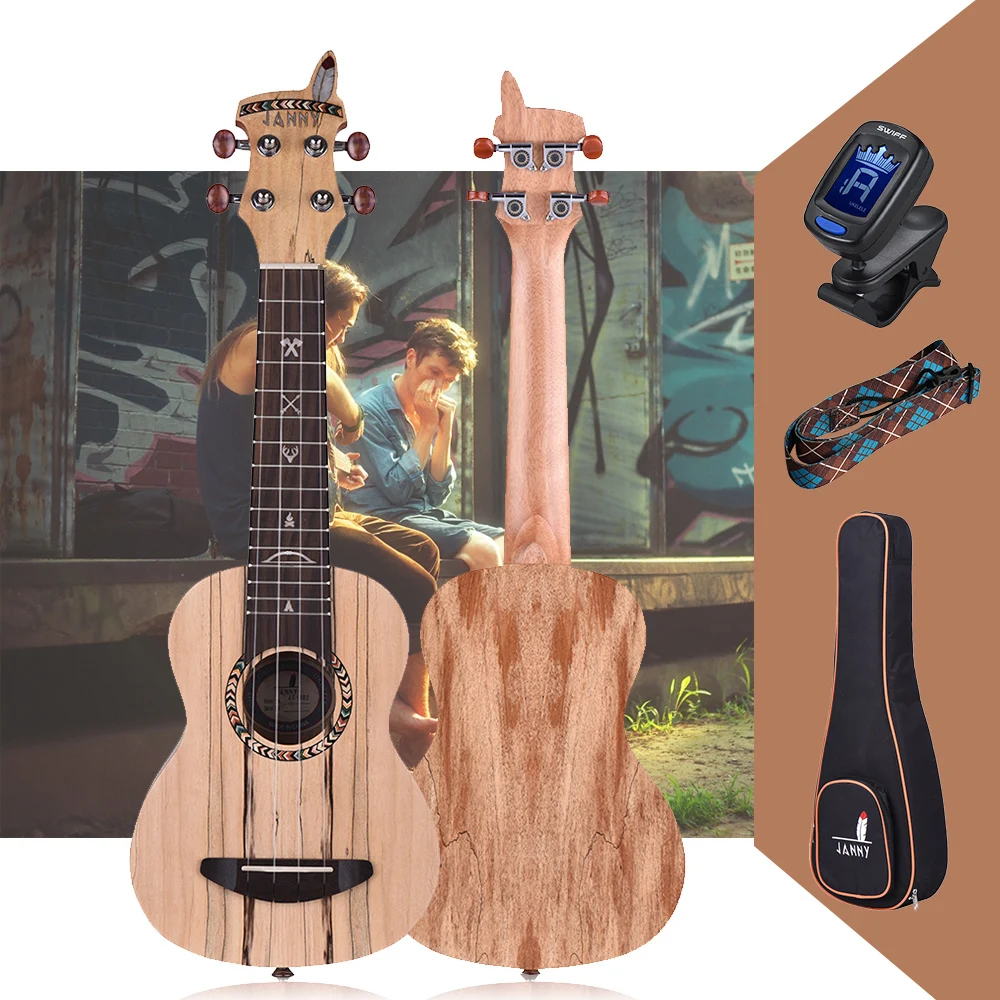 

Acoustic 21" Ukulele Wooden Soprano Ukelele Spalted Maple Carbon String with Padded Carrying Bag Strings Strap Clip-on Tuner