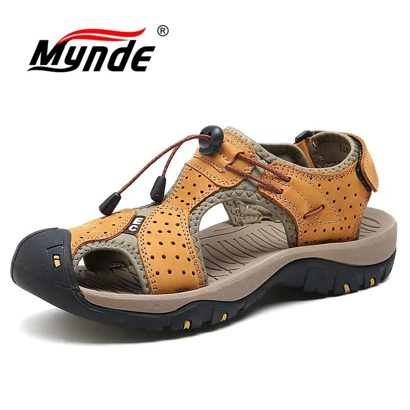 MYNDE/Новинка; модные летние пляжные дышащие мужские сандалии; брендовая мужская обувь из натуральной кожи; мужская повседневная обувь; большие размеры 39-46 - Цвет: yellow