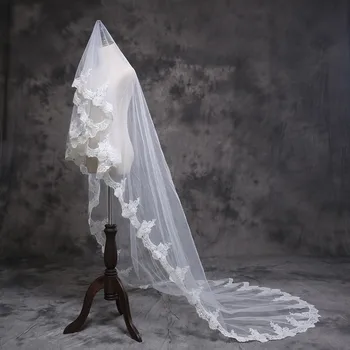 

White/Ivory/Black/Red 3M 1 Layer Cathedral Length Lace Edge Wedding Bridal Veil Without Comb Wedding Accessories