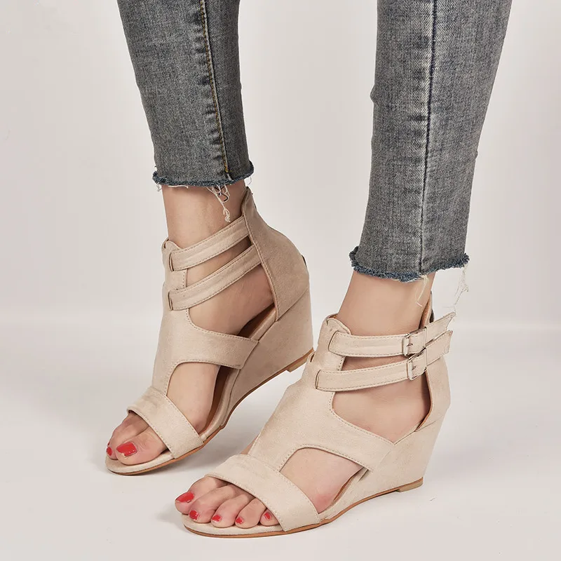 Women Sandals 2019 New Summer Fashion Flats Gladiator Wedges Shoes Woman Peep Toe Buckle Strap Solid Lady Casual Plus Size