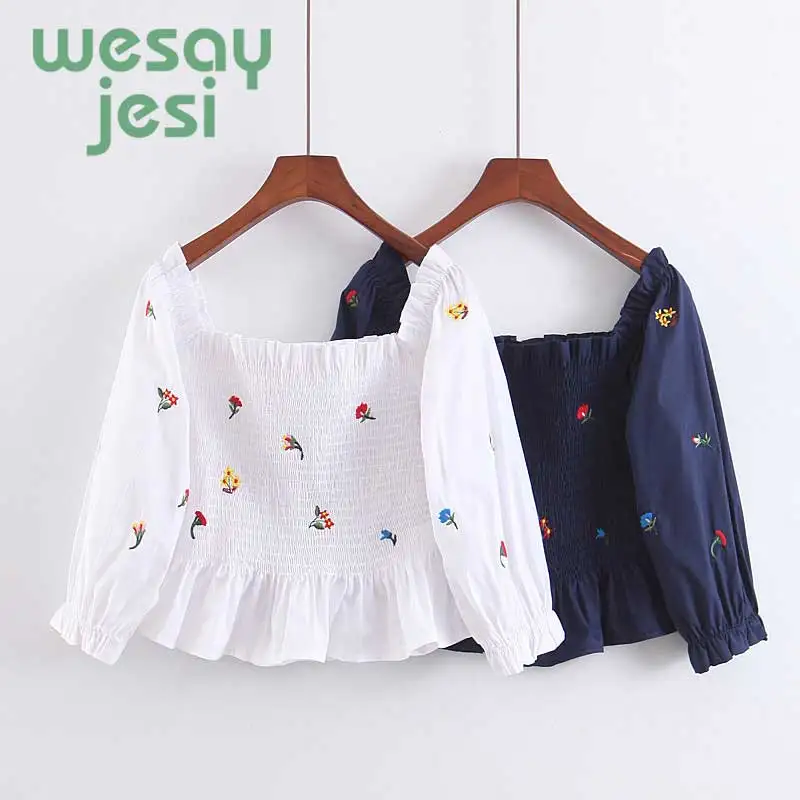 

Women's new seven-point sleeves 2 color shirt embroidery word shoulder lantern sleeves sexy short coat 2019 women's shirt