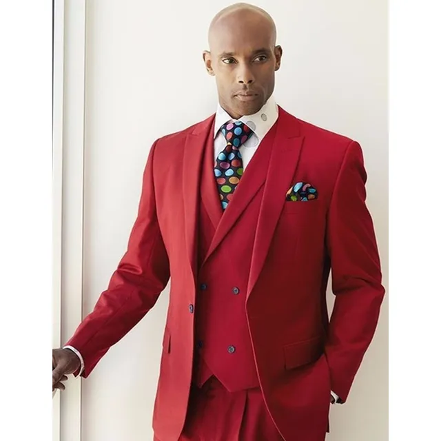 Men Suit Red Fashion Blazer With Double Breasted Vest Wedding Suits ...