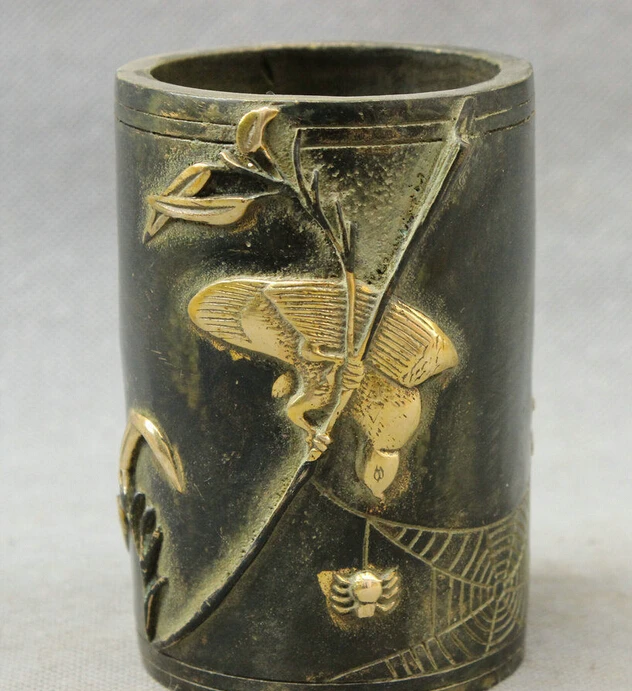 

Folk Chinese Bronze Copper Gilt Lucky Bird Statue Spider Brush Pot Pencil Vase