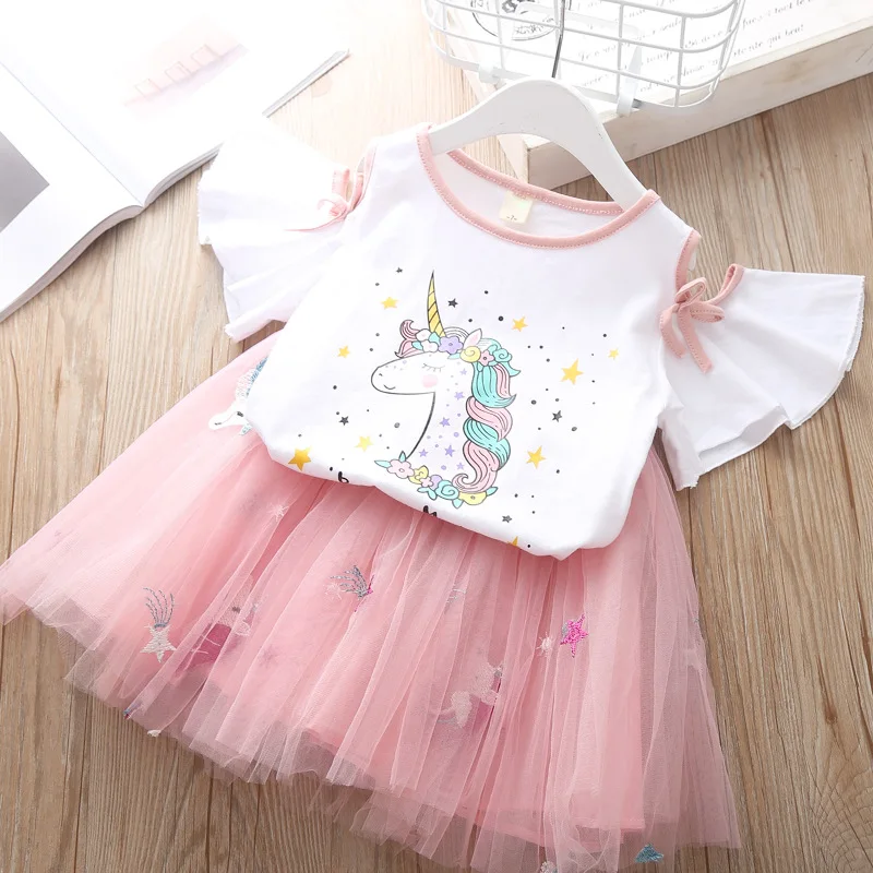 

Girls Fashion Kids Outfit Unicorn Flare Sleeve T Shirt +Tutu Skirt 2 Piece Summer Clothing Skirt Top Girls Princess Casual Wear