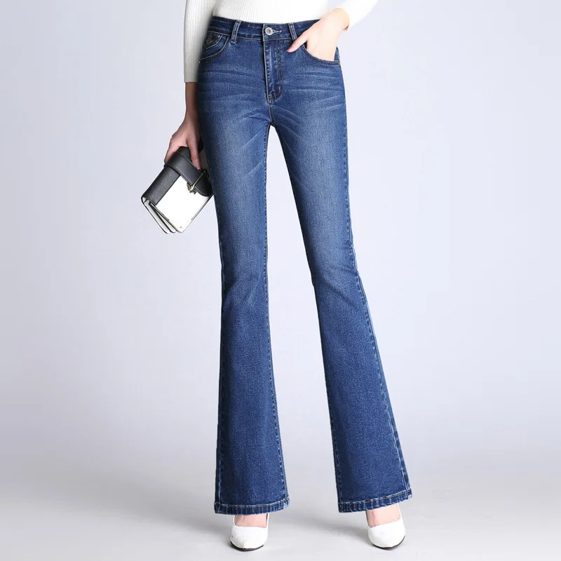 Новинка, женская одежда, облегающие джинсы, женские модные широкие джинсовые штаны с высокой талией, расклешенные брюки с вышивкой - Цвет: light blue