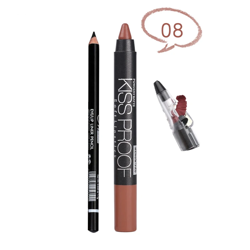 MENOW Brand Make Up Set Of Kiss Proof Lipstick With Sharpener And Waterproof Lasting Eyeliner Cosmetic Combination 5317/B - Цвет: 08