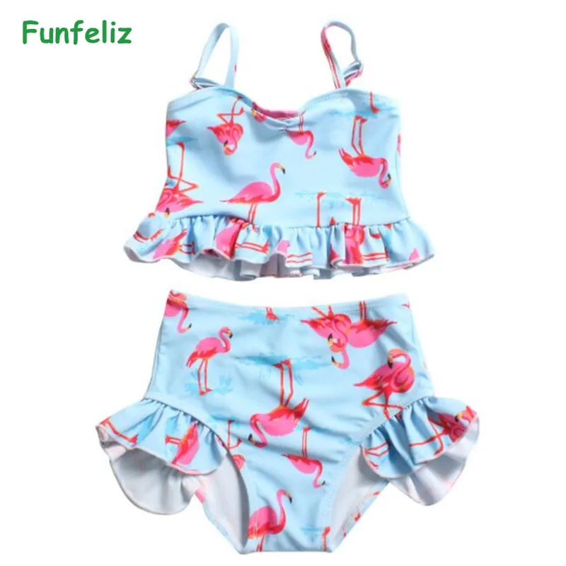 

Funfeliz Cute Flamingo Swimwear Baby Girls Swimsuit Kids Two Pieces Swim wear Baby Girl Tankini Children Swimming Suit 1-7T